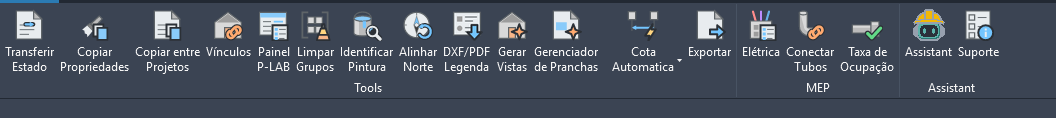 La pestaña «P-LAB» en la cinta de Revit, con los paneles «Tools», «MEP» y «Assistant»