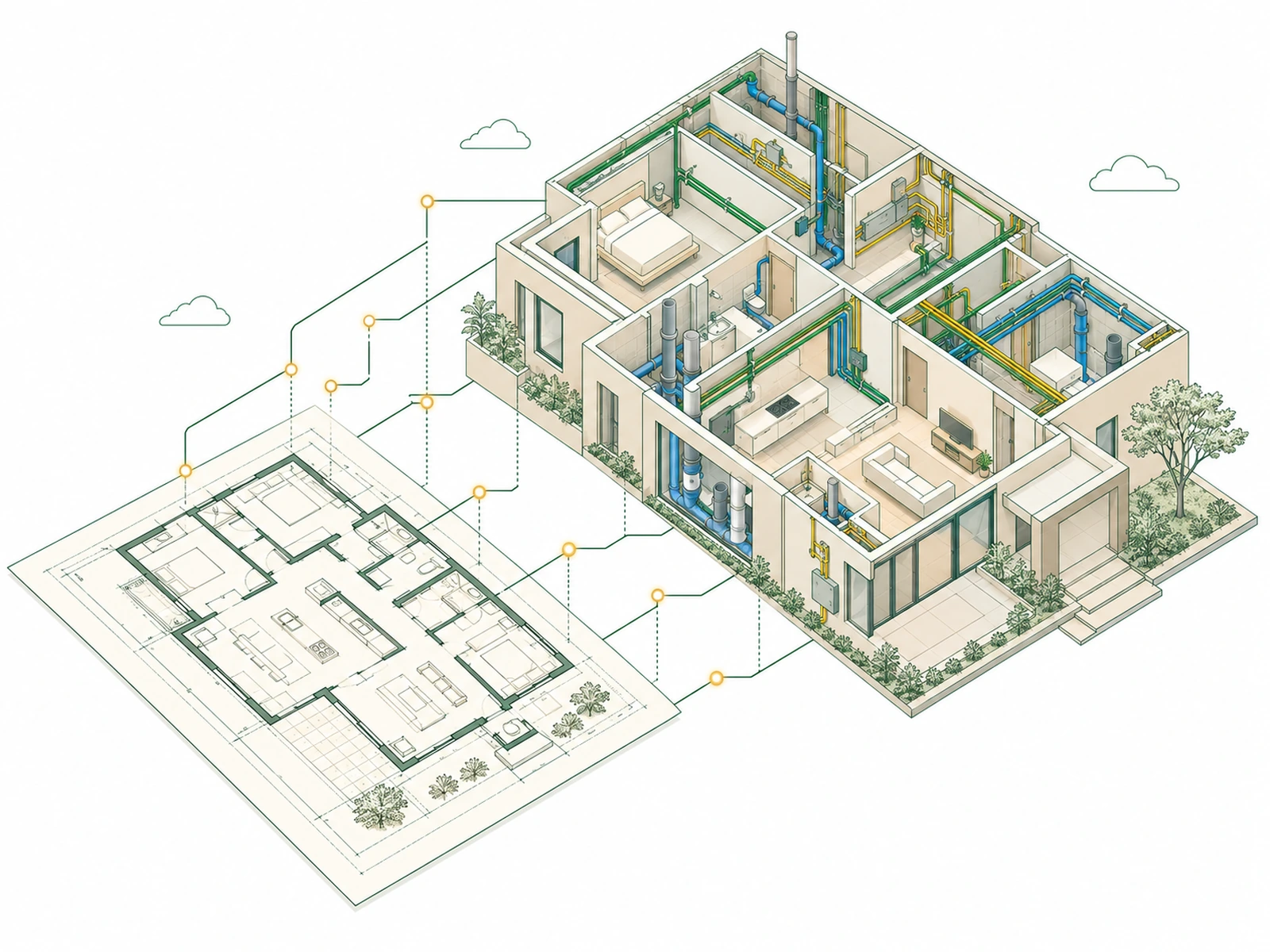Plano en 2D convertido en modelo BIM con las instalaciones a la vista
