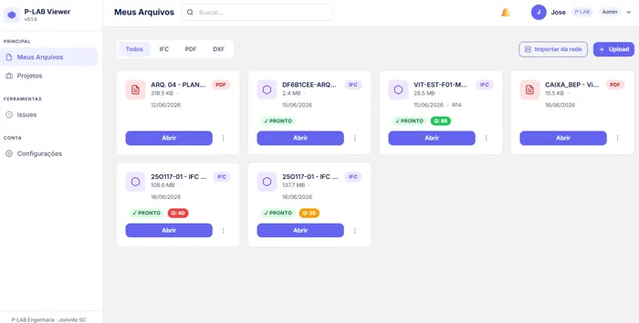 Painel de projetos do P-LAB Viewer com os arquivos do escritório organizados