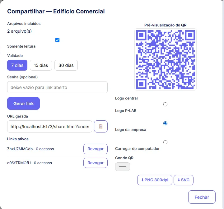 Tela de geração de QR Code no P-LAB Viewer para compartilhar o modelo