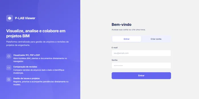 Tela inicial do P-LAB Viewer com login e destaques dos recursos